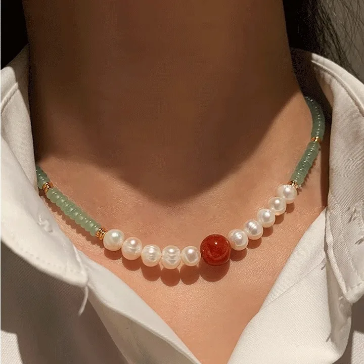 New Style Elegant Natural Jade & Freshwater Pearl & Agate Stone 14K Gold Filled Female Jewelry Set For Women Necklace Bracelet