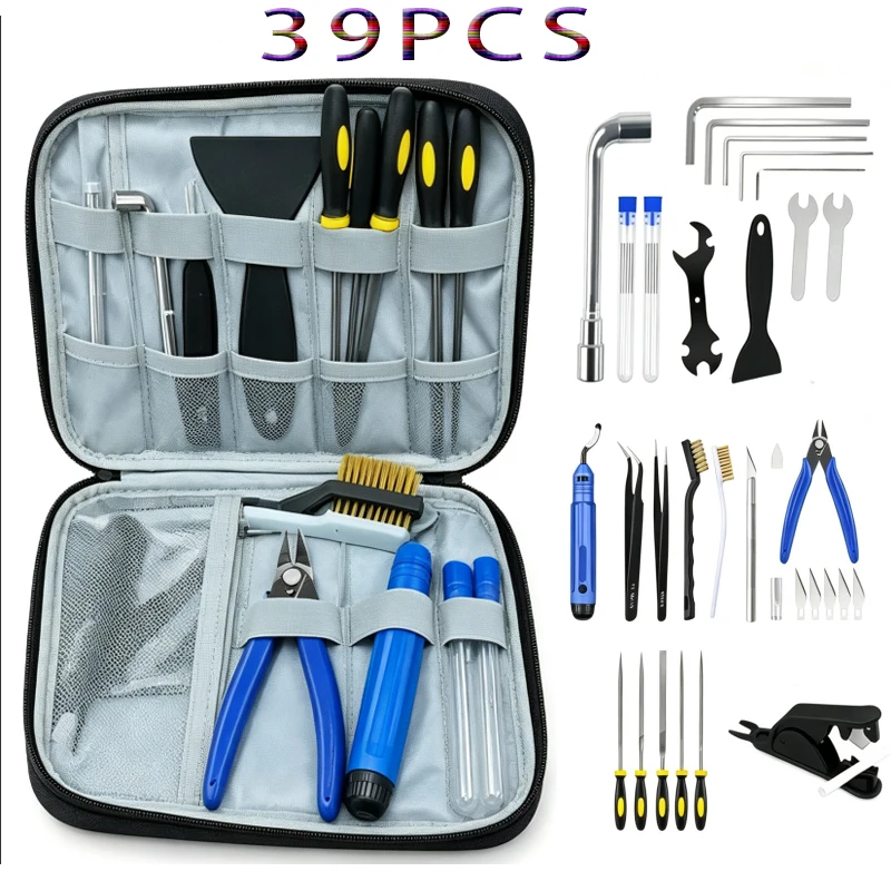 39pcs 3D Printer Tool Kit Assembly Nozzle Cleaner Scraper File Brush Set 3D Printer Accessories for Cleaning Finishing Cutt