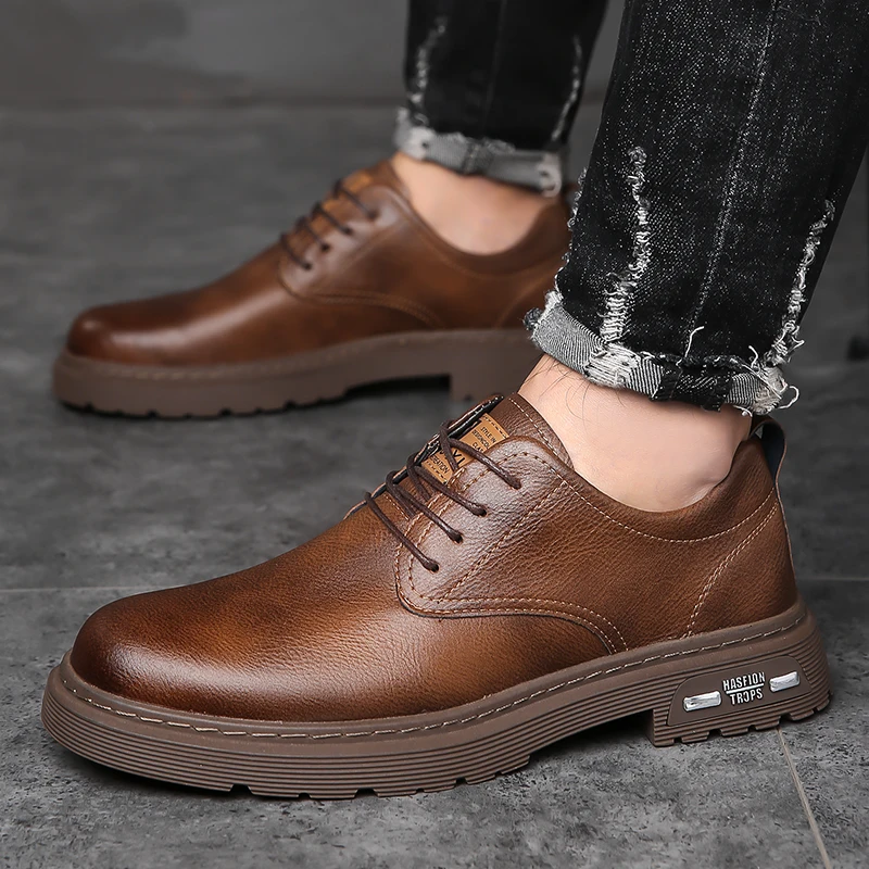 2026 New Men Retro British Casual Leather Shoes EU38-44 Lace Up Thick Sole Outdoor Daily Walking Dress Shoes