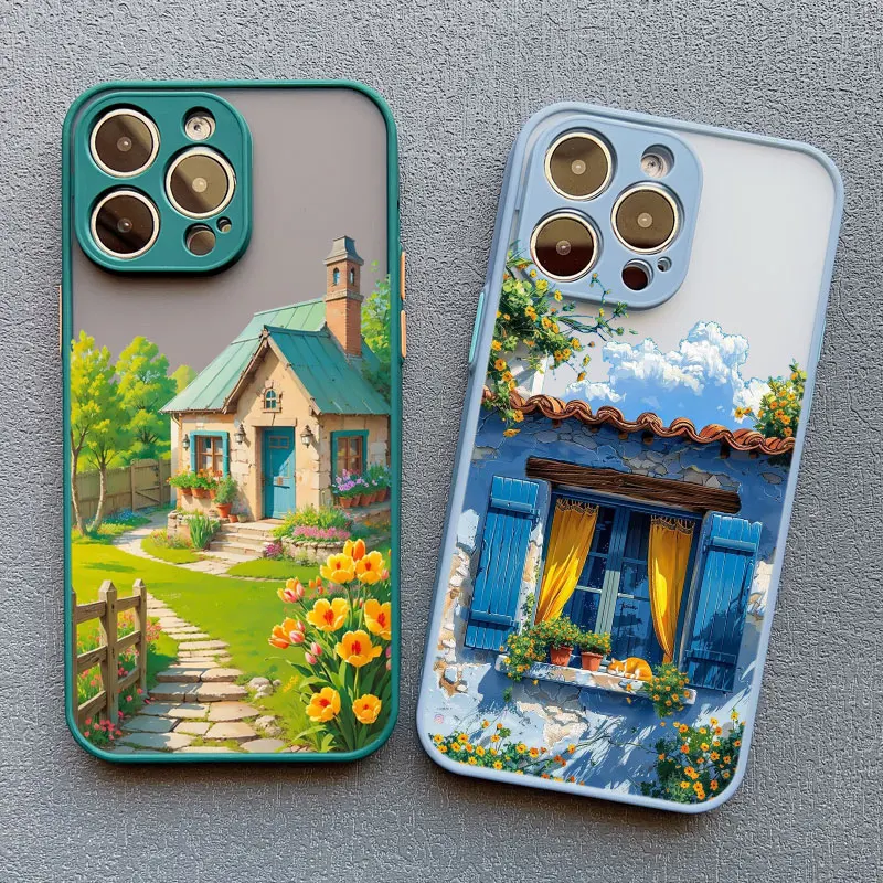 Coque de téléphone paysage de scène de maison de Villa de vacances pour iPhone 16 12 13 14 11 15 Pro Max Mini Plus XR XS X 7 8 étui de paysage de dessin animé