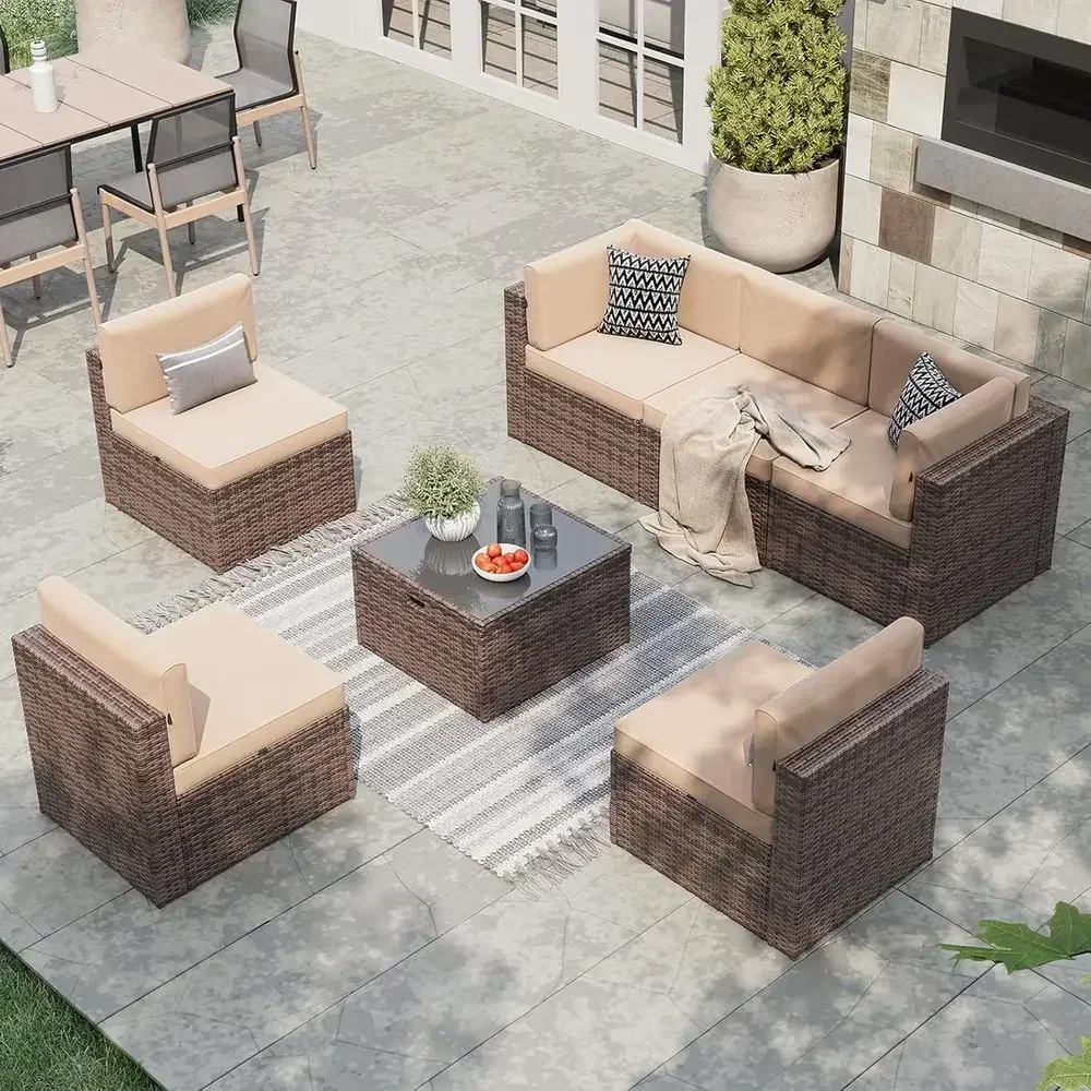 All-Weather Wicker 7-Piece Patio Furniture Set with Storage Coffee Table for 6, Suitable for Outdoor Sectional Sofas and Garden