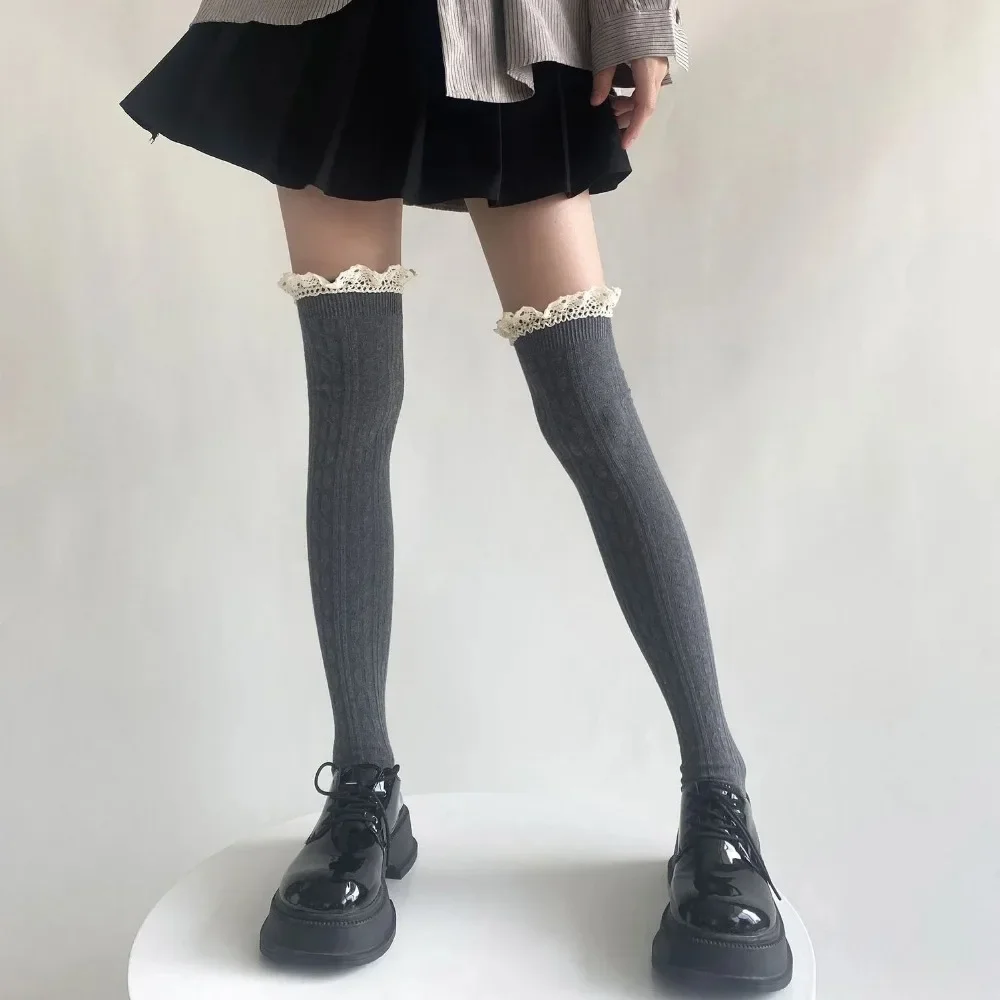 Medias grises para mujer JK Lolita encaje volantes hasta la rodilla calcetines altos moda dulce niñas calcetines largos medias altas hasta el muslo otoño japonés