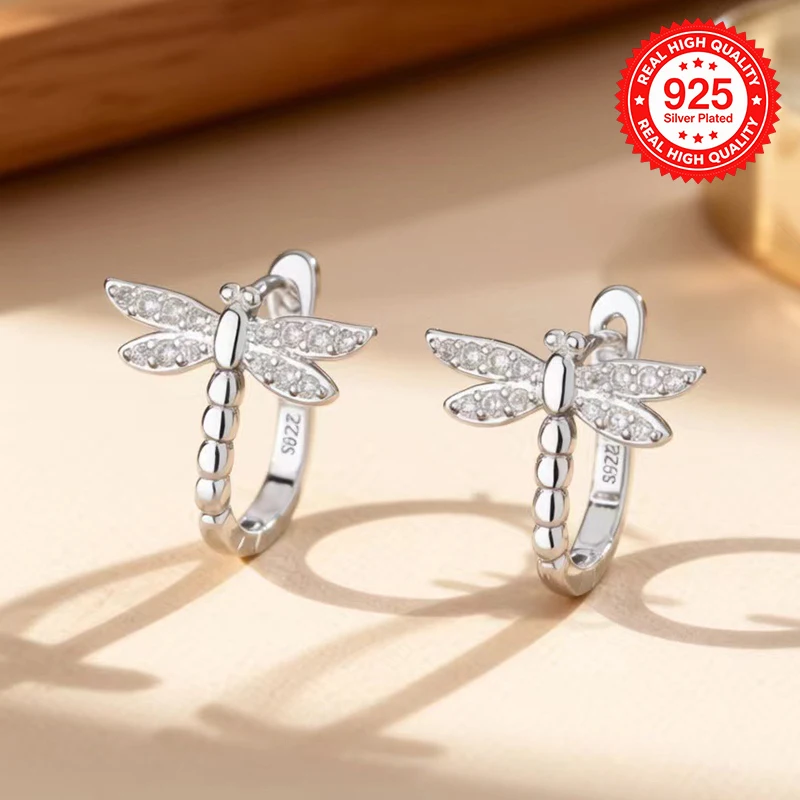 925 Sterling Silver Plated Dragonfly Cz Hoop Earrings Women Mini Animal Huggie Cartilage Helix Piercing Earrings
