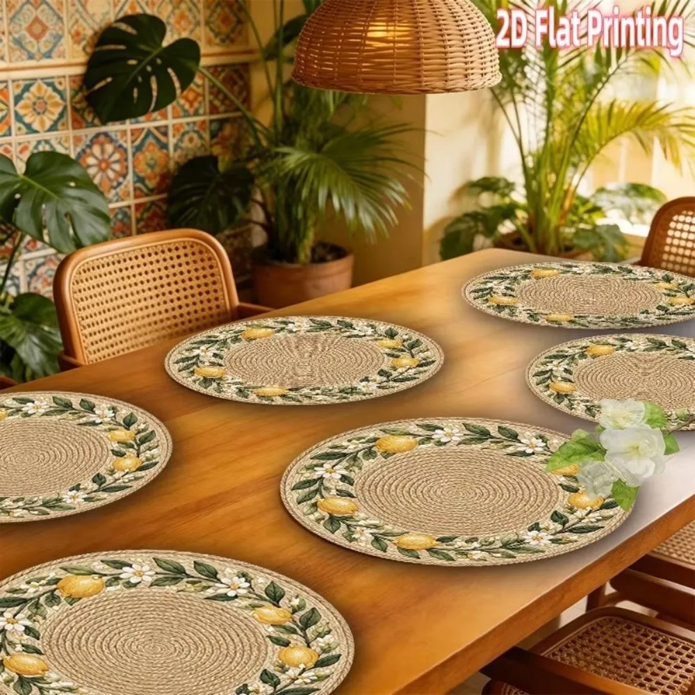 14.96in Printed Placemats Flower Printed Pattern Round Shape Imitation Rattan Placemats Wipeable Anti-slip Round Table Mats
