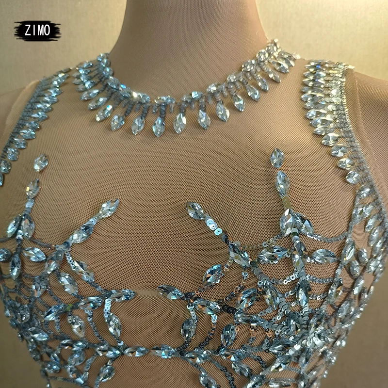 2024 새로운 스파클링 라인 석 바디 슈트 여성 메쉬 스팽글 관점 섹시한 레오타드 생일 파티 클럽 무대 공연 의상