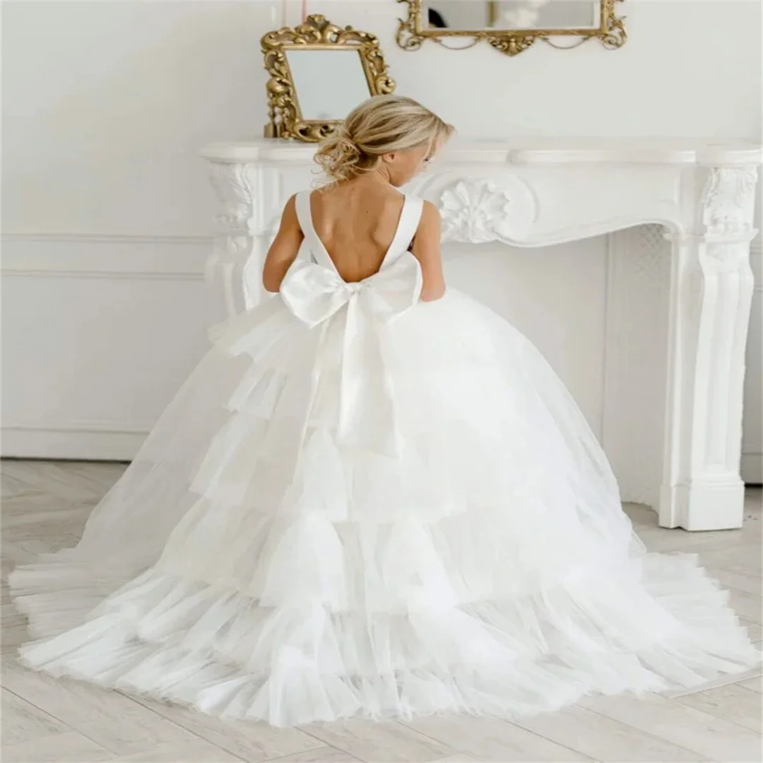 

Customized Flower Girl Dresses White Tulle Birthday Banquet First Communion Gowns Tiered With Bow Sleeveless For Wedding