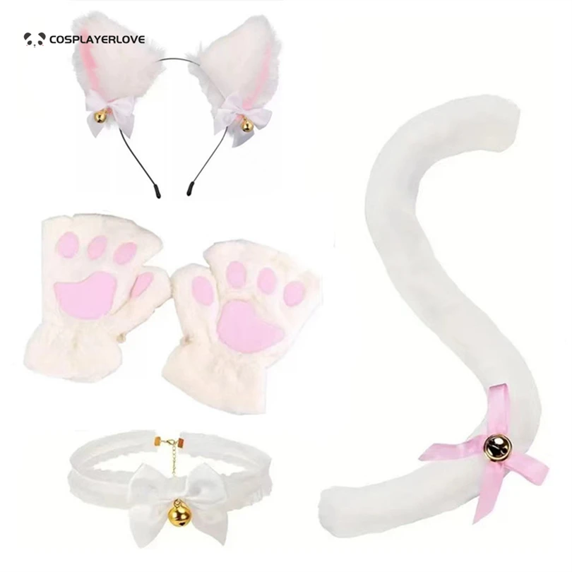 귀여운 고양이 발 장갑, 겨울 만화 소녀 오픈 손가락 장갑, 벨 머리띠, 고양이 귀 모자, 4 개 세트