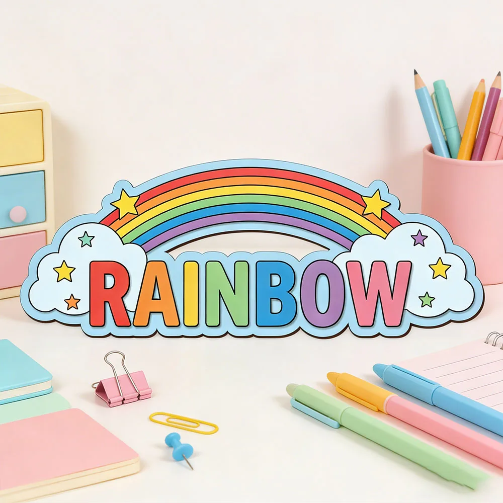 Letrero de Puerta Personalizado con Nombre, Nube Arcoíris y Estrella, para Dormitorio Infantil, Placa de Madera con Temática Pastel para Cuarto de Bebé