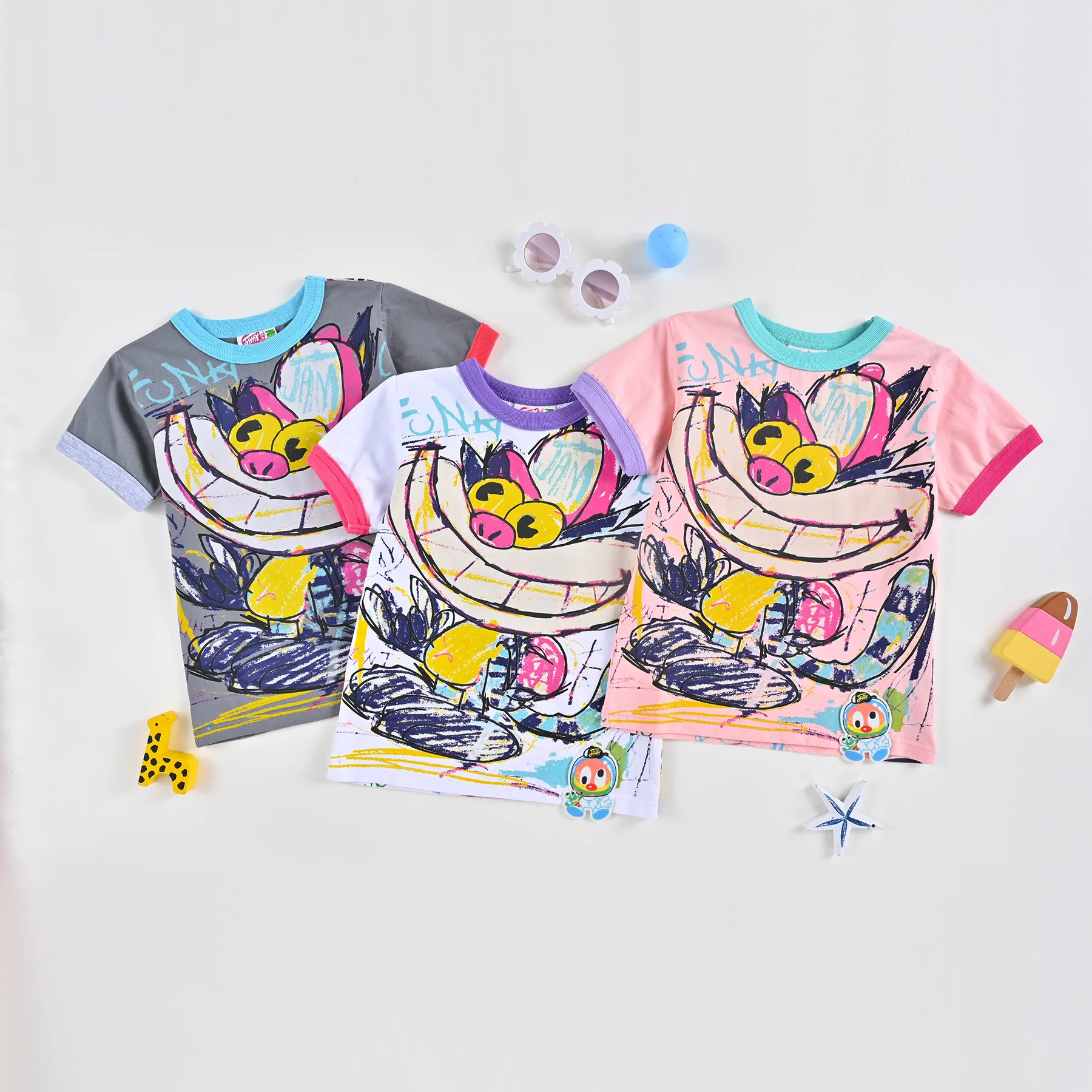 

2025 Summer Cartoon Colorful New Men's and Women's Pure Cotton Short sleeved T-shirt Trendy Cartoon Round Neck Cute Printed Top