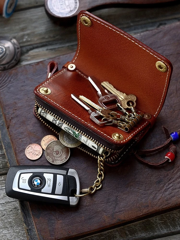 Handmade leather key bag leather men's handmade vintage buckle car key bag card bag