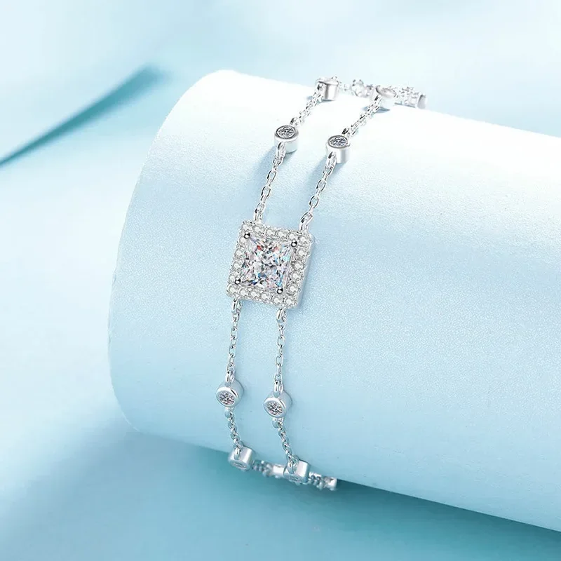 New Style Handmade Treasure Square Double Chain, PT950 Platinum Girls 1ct  Moissanite Diamond Simple Bracelet for Women Jewelry