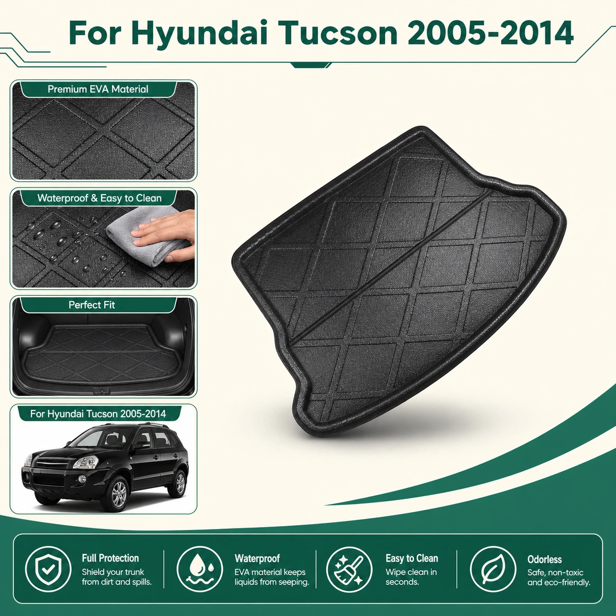 Für Hyundai Tucson 2005-2014 Auto-Kofferraummatte Kofferraumwanne Bodenbelag Laderaumteppich Gepäckschmutzschutz