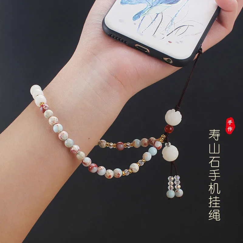 

Аксессуары для DIY: Ретро-ремешок для телефона из камня Шоушань и бусин Бодхи, наручный ремешок-цепочка для мобильного телефона, унисекс, съемный, с защитой от потери