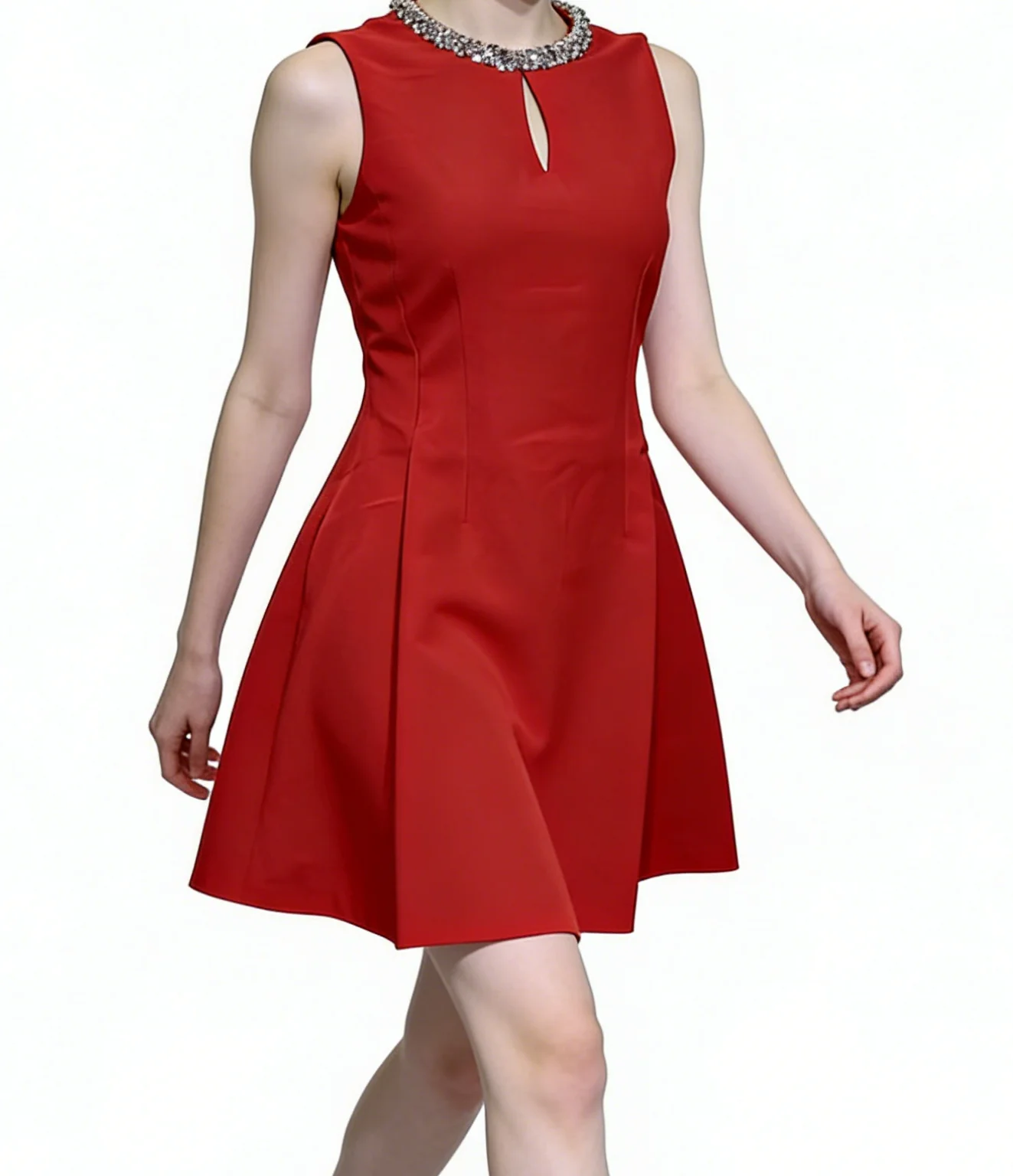 

New Rhinestone Neckline Elegant Solid Color A-Line Sleeveless Short Dress for Women, Summer-GZXX242