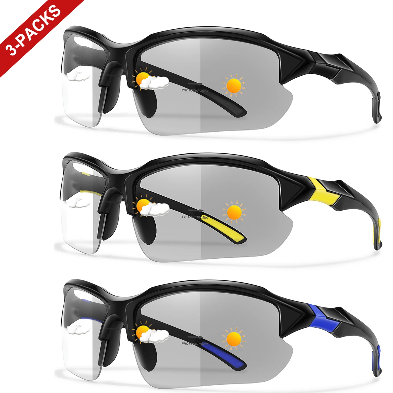 3 Paar photochrome Sonnenbrillen für Männer und Frauen, Outdoor-Sport, täglich, Wandern, Radfahren, Golf, Strand, rechteckige, winddichte Schutzbrille