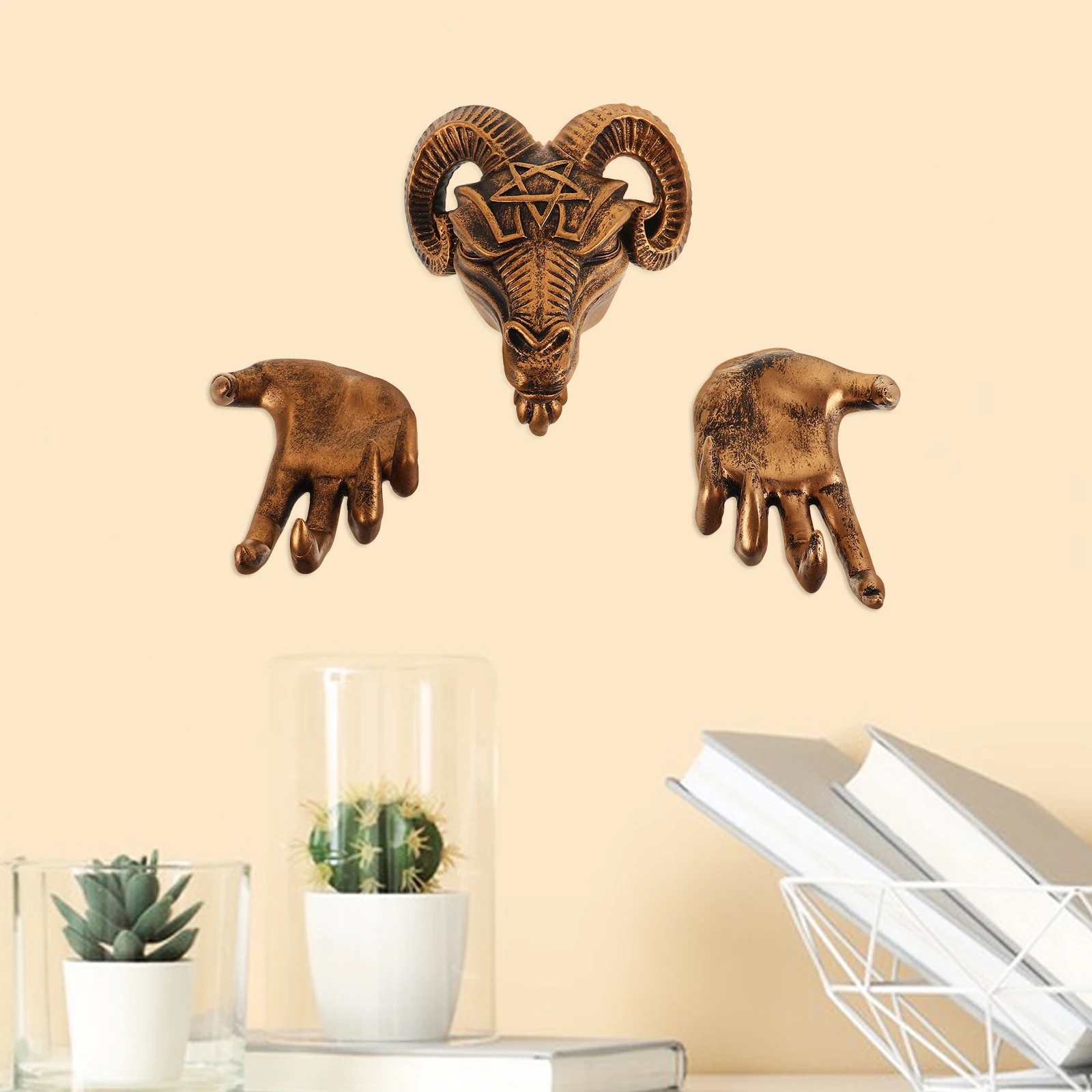 

Sheep Head Hanging Decoration Hands Sculpture Halloween Wall Outdoor Room Decorations Animal Statues Golden