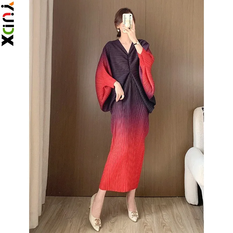 

YUDX Miyake Fashion Gradient Pleated Long Dress Women V Neck Batwing Sleeves Loose Dresses Elegant Party 2024 Spring New