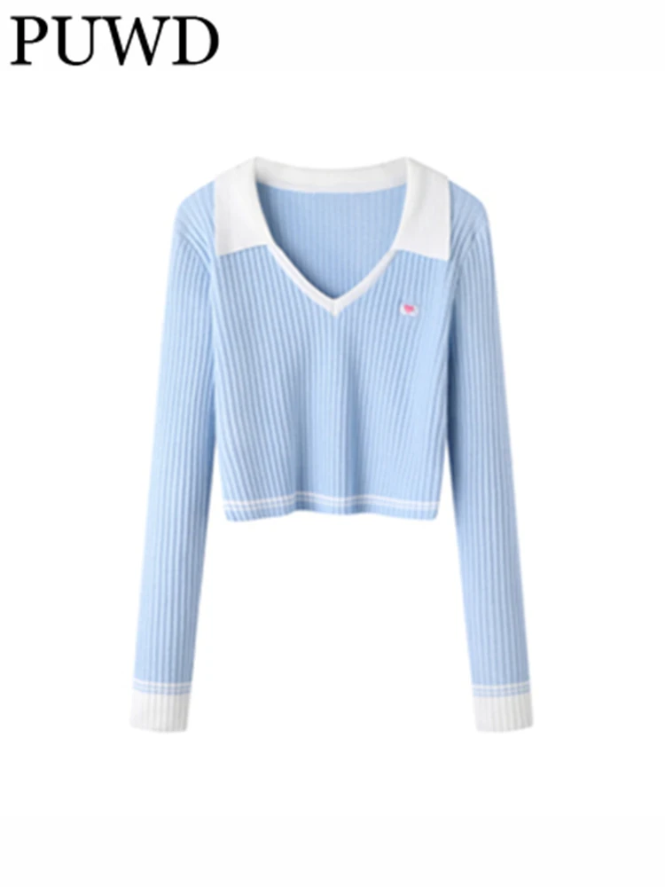 

PUWD Women Blue Retro Knit Sweaters 2023 Spring Fashion Ladies Vintage V Neck Long Sleeves Female Pullovers Chic