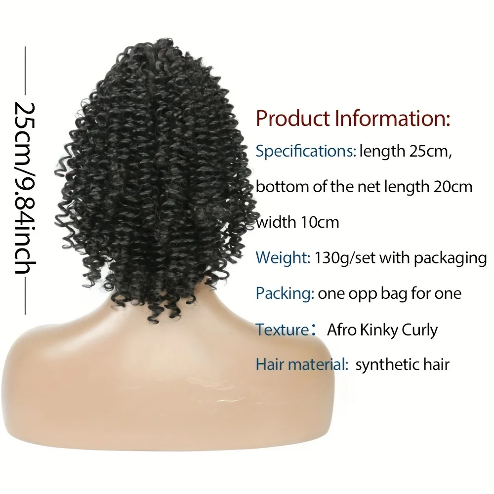 Peruca Curta Kinky Curly para Mulheres, Rabo De Cavalo Sintético, Extensão Do Cabelo Com Cordão, Clipes Fofos, Pedaço De Cabelo, Afro, 10"