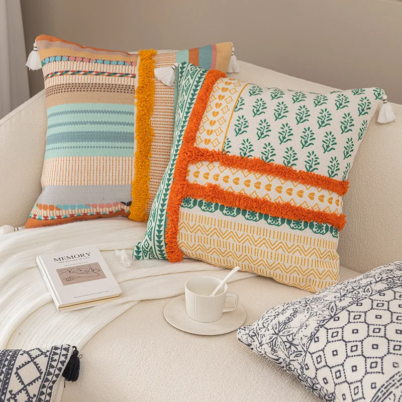 Moroccan Style Tufted Cushion Cover 45x45cm Cotton Linen Personality Throw Pillow Covers Boho Ethnic Decorative Homestay Decor