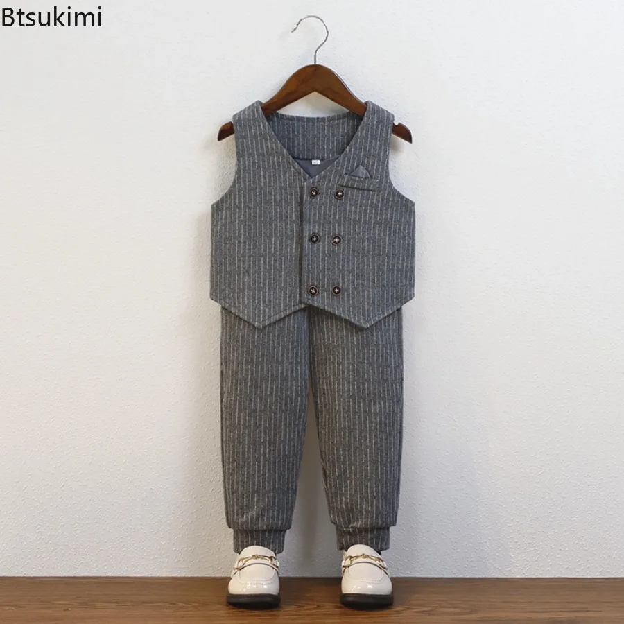 Boys' Five Piece Suit Set Autumn Winter New Stylish Grey Striped Flower Boy Host First Birthday Performance Suit 1-3 Years Old