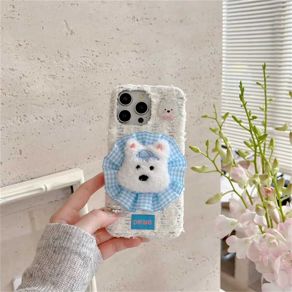 Korean luxury Cute scarf puppy 3D Plush Phone Case for iPhone 18 17 Pro Max 15 16 17 18 Pro Cover Shockproof Cove Kawaii Cases