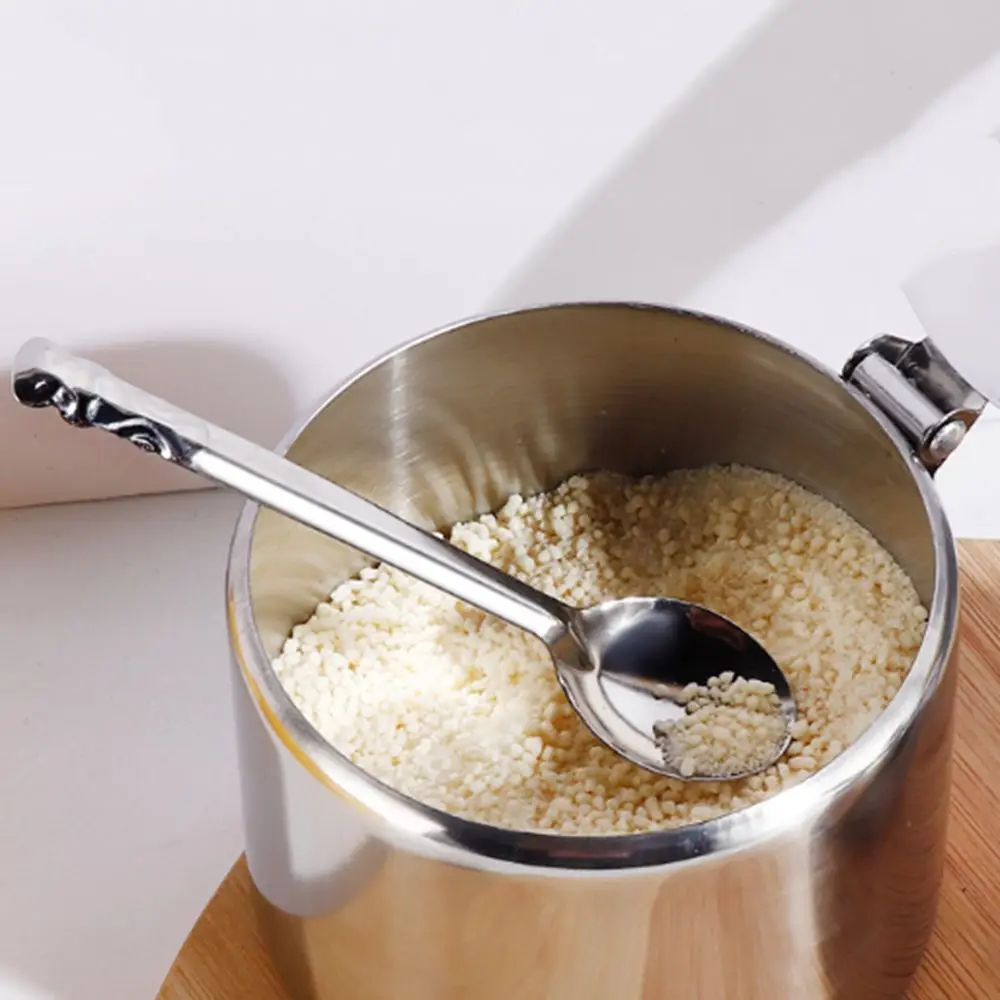 Practical Stainless Steel Sugar Bowl With Lid Spoon Dustproof Spice Container For Kichen Convenient Silver Condiment Pot