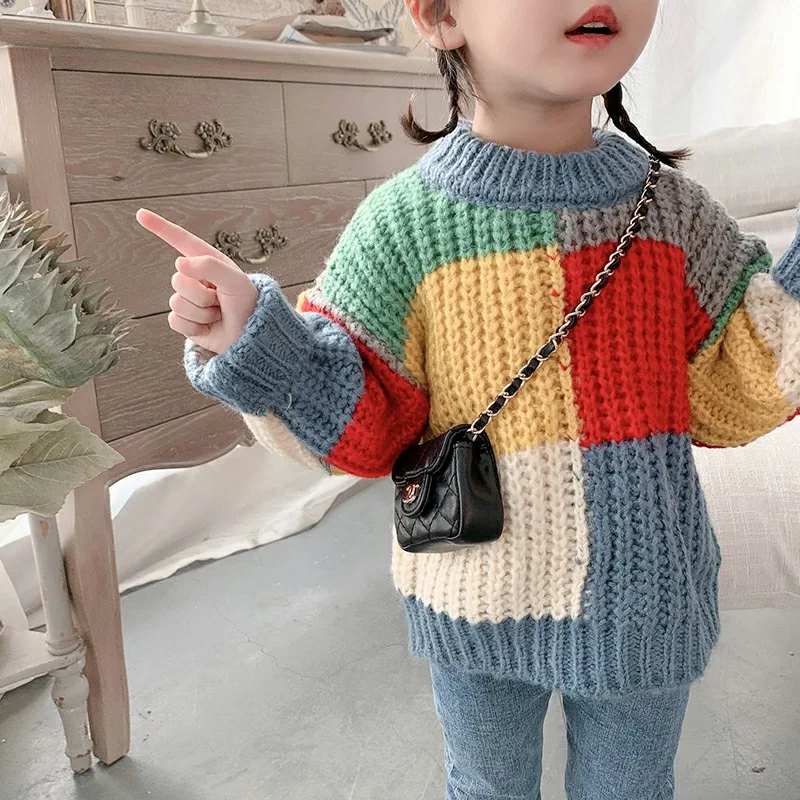 spring autumn girls sweater baby Korean contrast color vintage retro wool knitted sweaters top kids clothes jumper 2 to 8 years