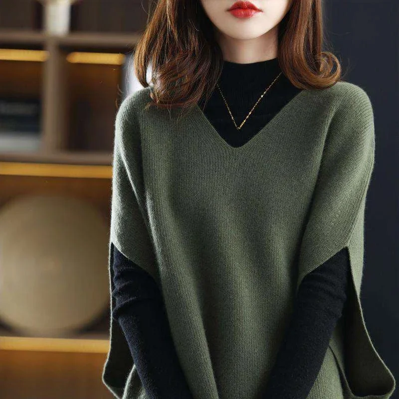 Sweater Vest Women's New Fall and Winter Undershirt V-neck Solid Color Simple Loose Bat-sleeved Top Temperament Soft Vest