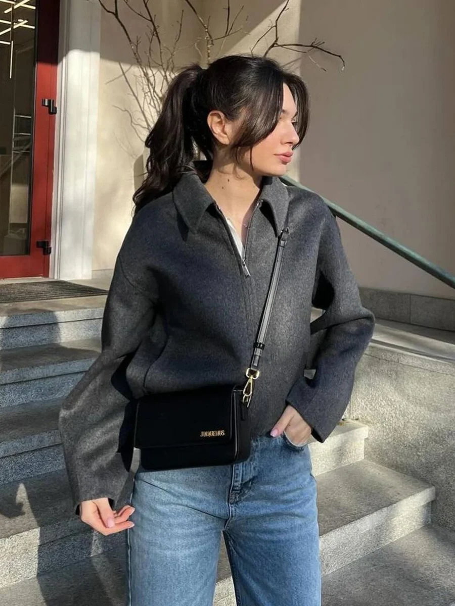 เสื้อคลุมผู้หญิงแฟชั่นสตรีท สไตล์ลำลอง คอปกพับได้ แขนยาว สำหรับฤดูใบไม้ร่วง ปี 2024