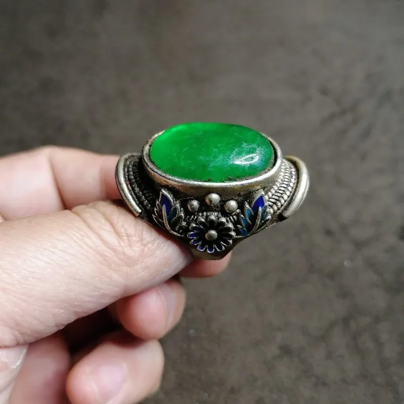 Antique Old Silver Inlaid Ba Jade Ring, High Quality Bright Green Ba Shan Cui Oval Cabochon With Adjustable Ba