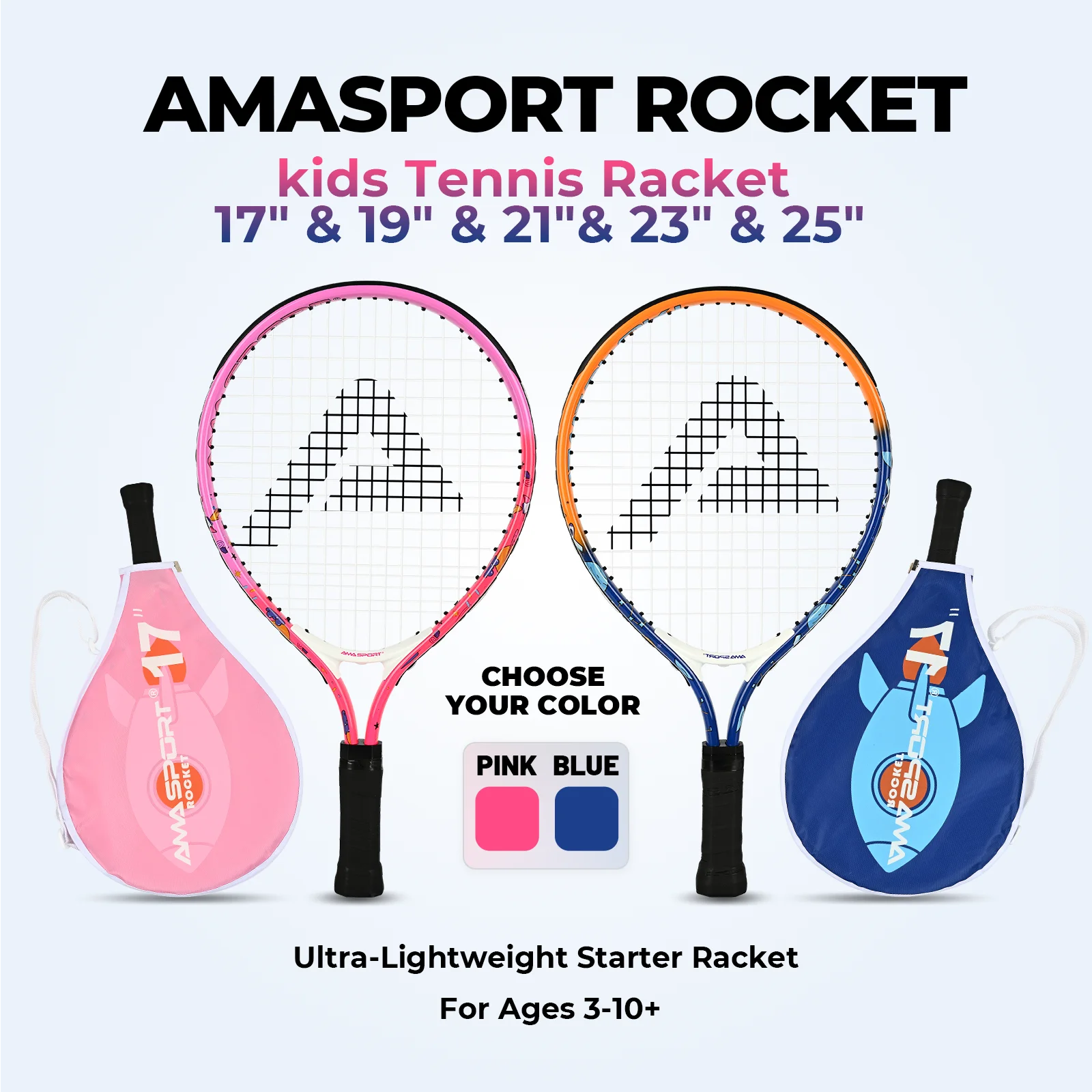 AMASPORT Tennis Rackets for Kids Toddlers 17/19'' for Girl and Boy Tennis Racquet with 420D Nylon Shoulder Strap Bag