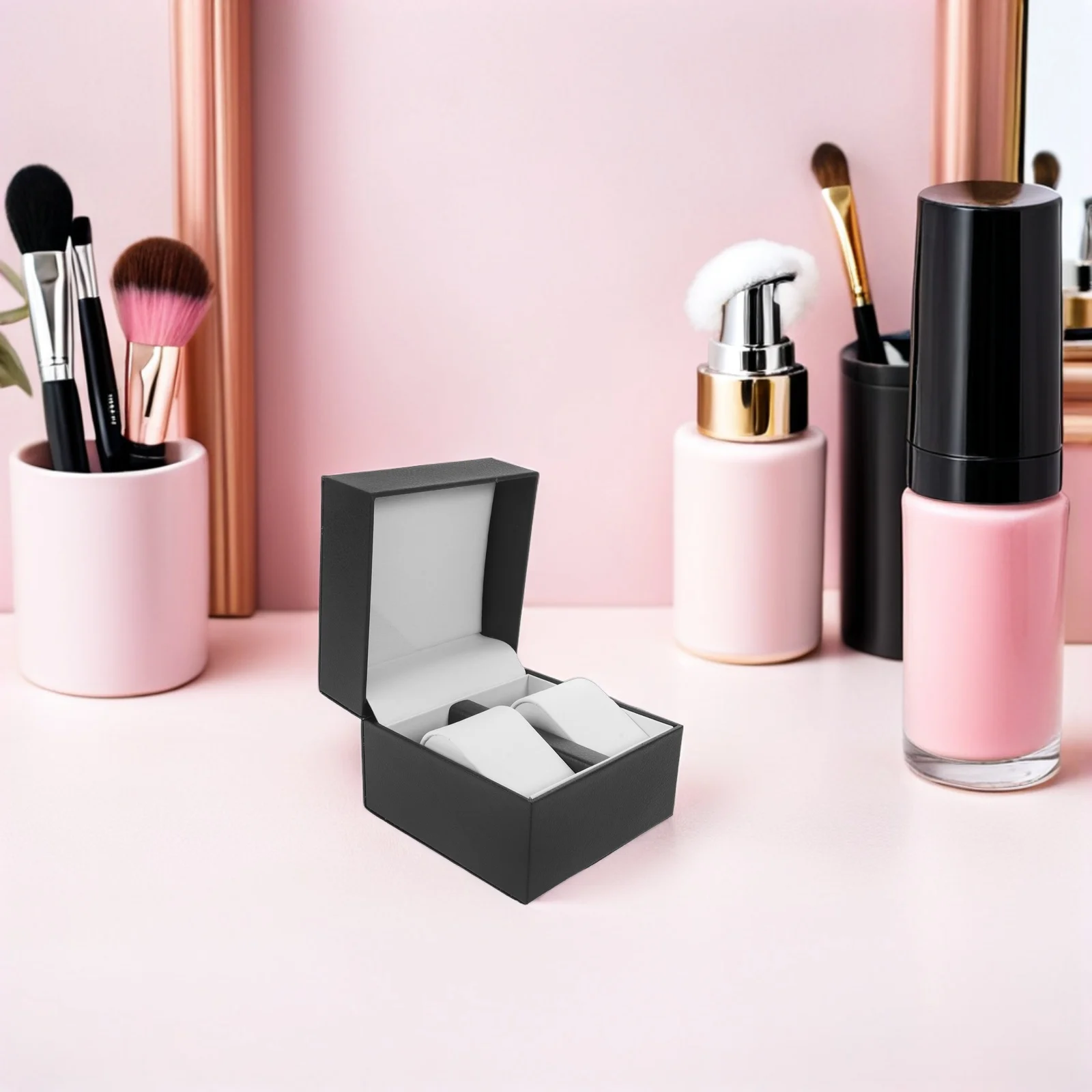 

Black Pu Storage Box Double Slot Travel Case For Men Portable Watch Organizer Pouch - Watch Keepsake Holder