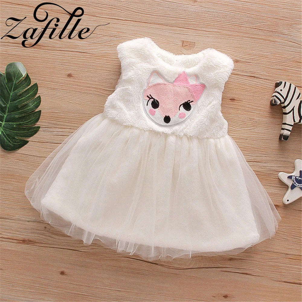 ZAFILLE Winter Fleece Girls Vests Dresses Cartoon Fox Pinted Baby Clothes Thivk Children's Sleeveless Dress Cute Toddler Costume