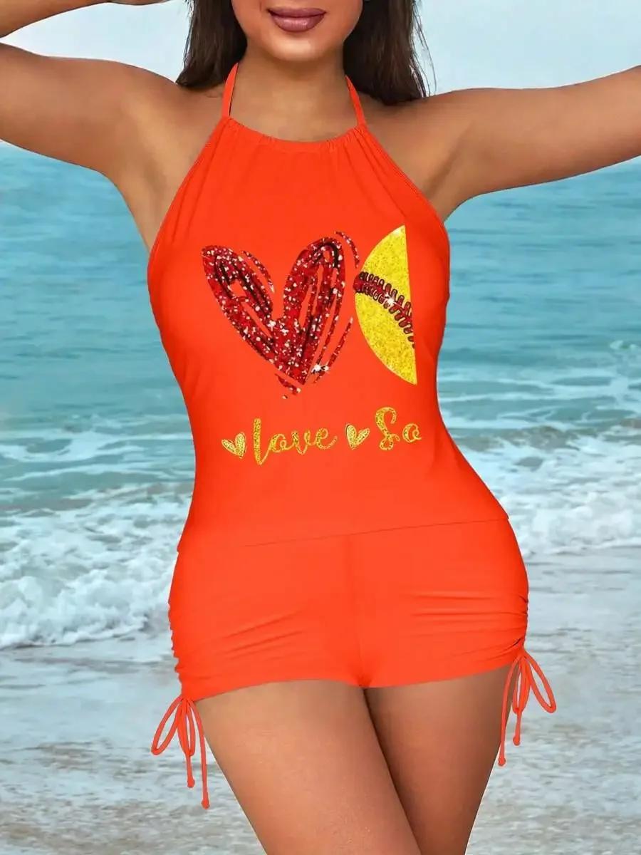Womens Orange Heart Softball Graphic Tankini Set With Drawstring Shorts Modest Tummy Control Swimsuit
