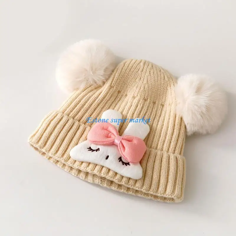 090B Hat with Pompoms Rabbit Design Knitted Winter Warm Hat Infant Elastic Crochet Bonnet Caps Newborn Breathable Caps