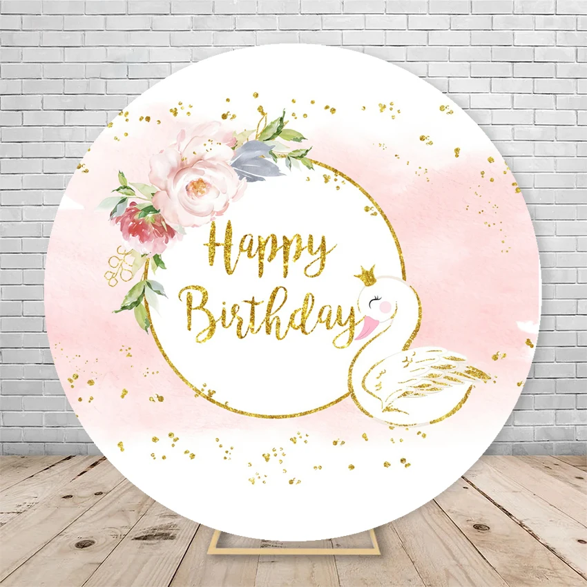 Round Photography Background White Swan Pink Gold Crown Girls Birthday Party Elastic Cover Round Decor Backdrop Photo Studio