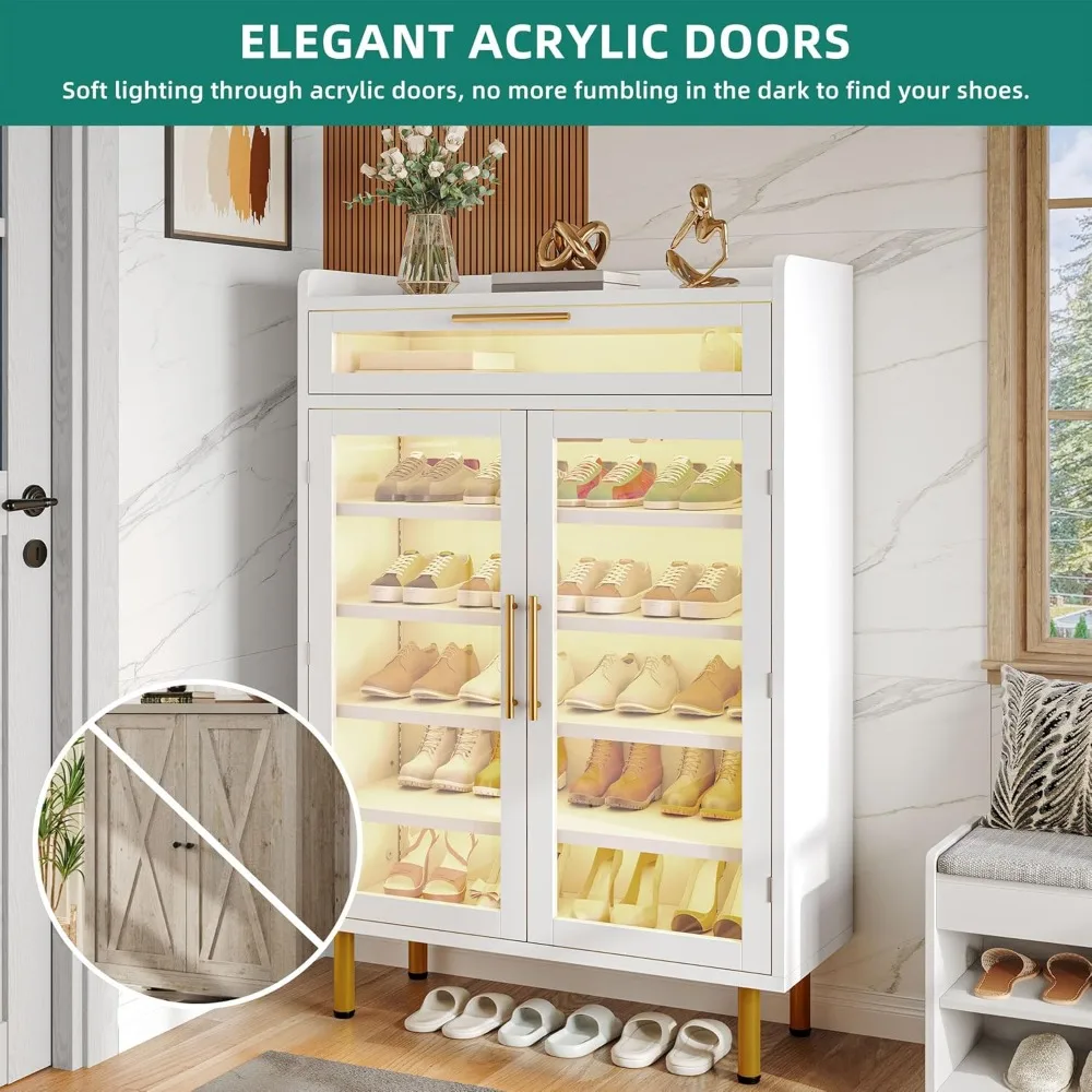 خزانة أحذية خشبية حديثة مع درج وأضواء LED، منظم أحذية ضيق قائم بذاته لتخزين المدخل