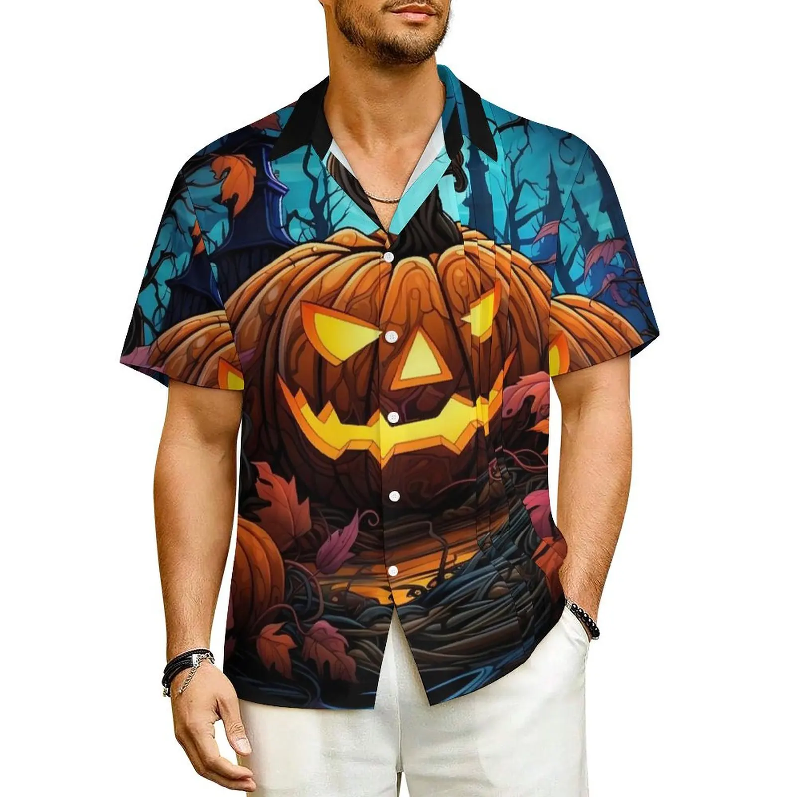 

Halloween Pumpkins Vacation Shirt Man The Great Pumpkin Trendy Casual Shirts Hawaii Short-Sleeved Harajuku Oversized Blouses