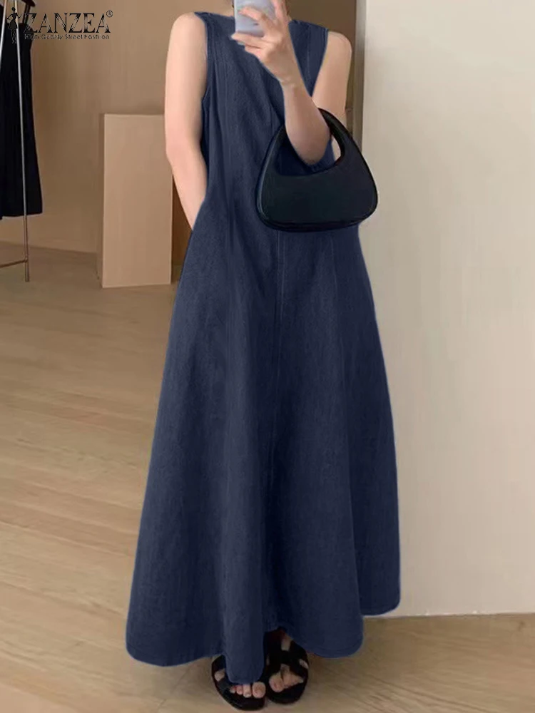 

ZANZEA Summer Fashion Denim Blue Dress Women Sleeveless Party Sundress Robe Femme Stylish Holiday Work Maxi Long Dresses Vestido