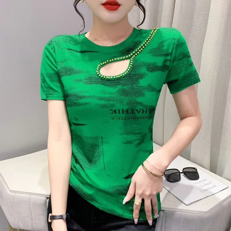 

Sexy Hollow out ort Sve T-irt Women's Faion Design Slim Fit Street Sle round Ne Casual Top for Summer 2024