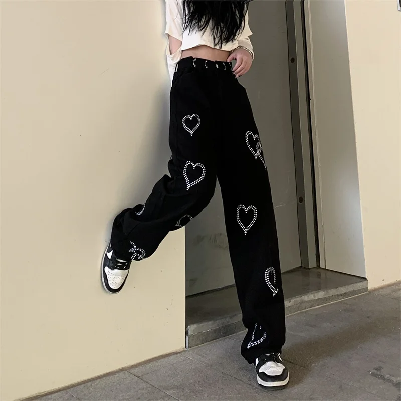 

American Love Printed Jeans 2024 Early Spring New Women's Contrast Color High Waist Wide Leg Pants Fashion High Street Trousers