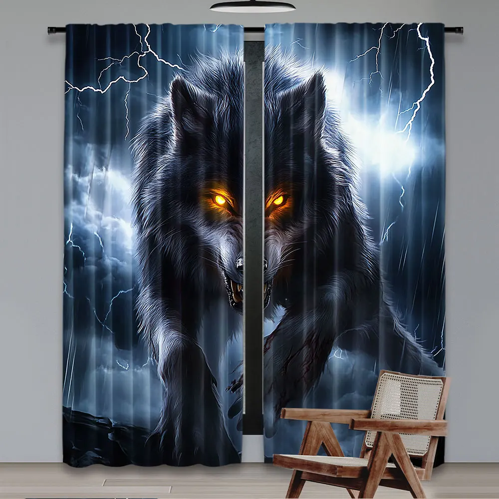 2Pcs Wolf Curtain Animal Ferocious Wolf Thunderstorm Weather Gothic Wildlife For Bedroom Living Room And Dining Room A