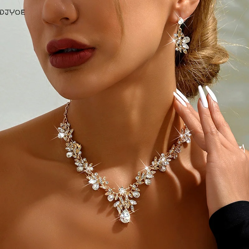 

3PC Wedding Season Women's Fashion Trend Sparkling Leaf Water Drop Necklace Earrings Jewelry Set Banquet Party Holiday Gift