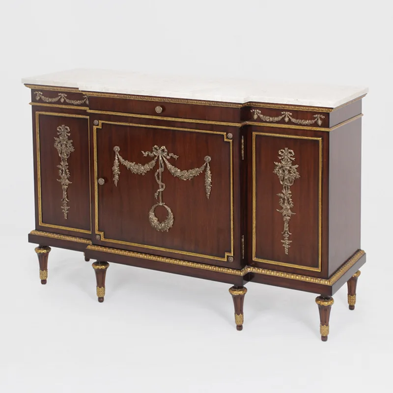 Solid wood carving flower dining side cabinet, neoclassical gold-painted marble villa entrance paint end view table