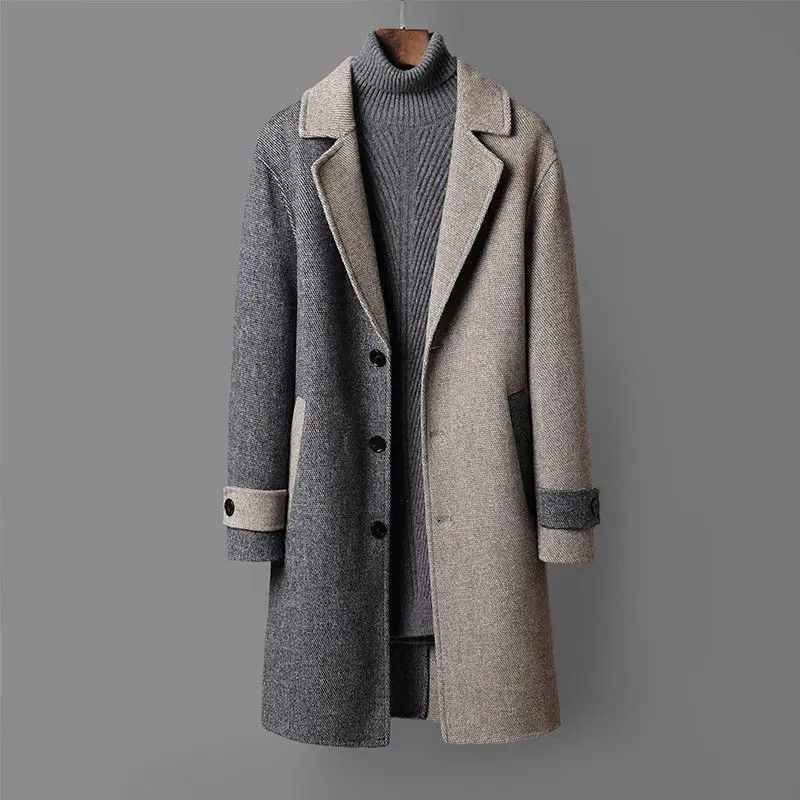 Sobretudo de lã de comprimento médio masculino, trench coat solto, colarinho com cor correspondente, versão coreana jovem, outono e inverno, 2024