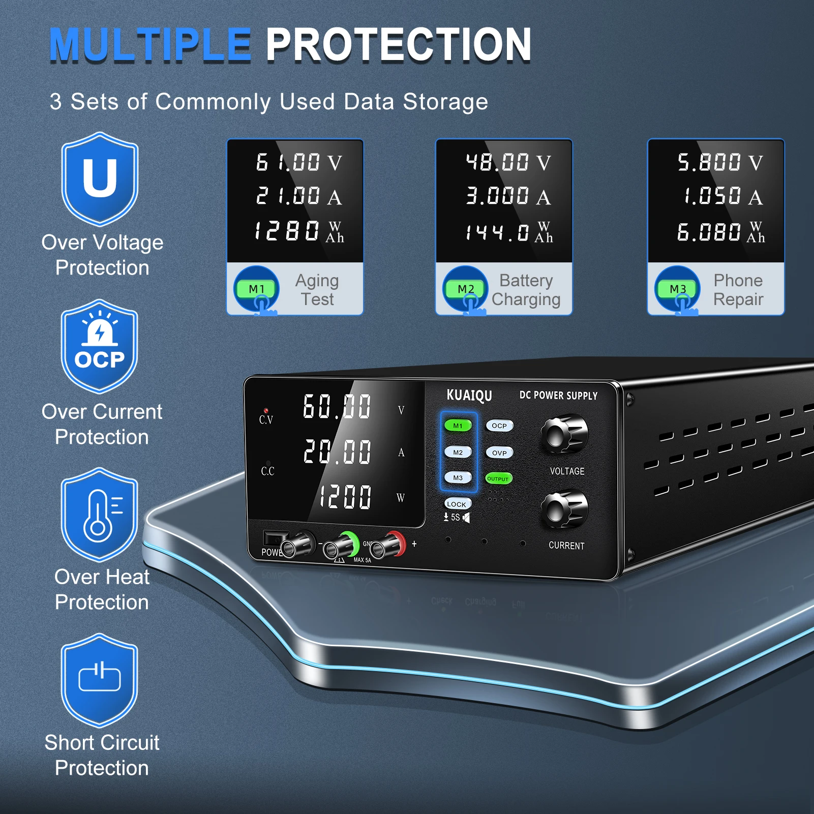 KUAIQU All-in-One 1200W Digital DC Power Supply Computer-Controlled via USB,Advanced OVP/OCP/Output preset ,M1-M3 Memory Recall