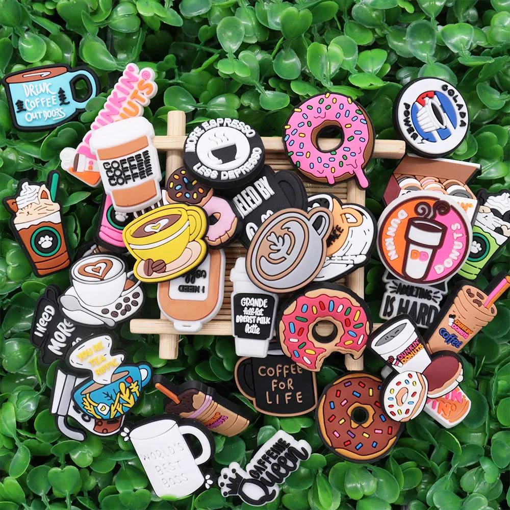 New Arrival 1pcs PVC Shoe Charms Wristbands Food Donuts Make Coffee Not War Hole Slipper Decoration Shoe Accessories Ornament