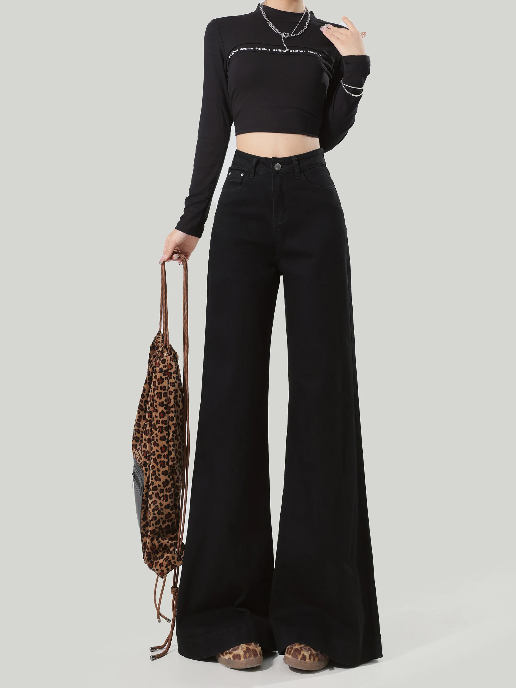 High Waist Wide Leg Black Denim Jeans Women's Loose Slimming Straight Micro Flared Pants Retro Style Button Pocket Wear Resis...