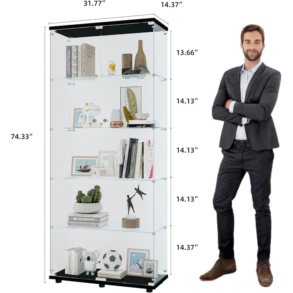 Frameless Glass Display Cabinet, with Lock and 2 Doors,Floor Standing Large Showcase Display Shelf for Collectibles,Legos,Plants